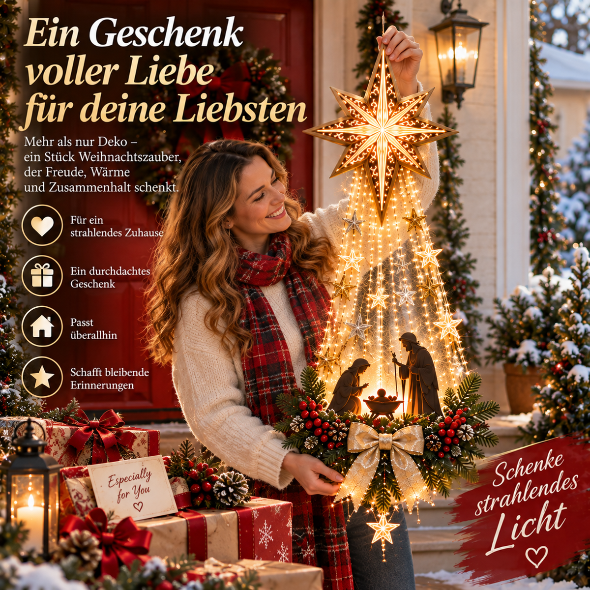 Lächelnde Frau in Schal hält die leuchtende Dekoration mit Stern und Krippe vor sich, umgeben von Geschenken 9