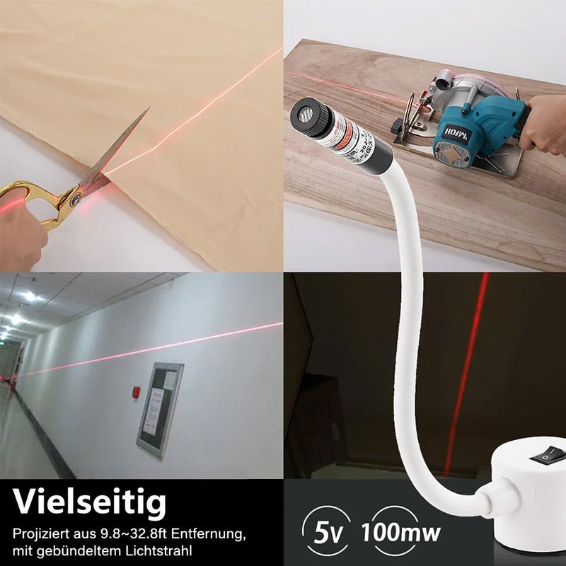 Vier Einsatzbeispiele: Stoffzuschnitt mit Schere, Kreissäge auf Holz, Flur und Dunkelraum, daneben der Laser mit Magnetfuß 8