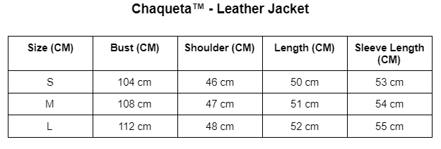 Größentabelle für Chaqueta Lederjacke, Größen S-L, Maße in cm, modische Herrenbekleidung.