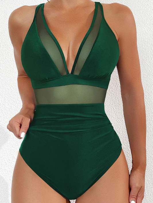 Badeanzug Damen | Push-up Effekt | Mesh Einsätze | Figurformend | Sommer Stil-Grün-S-Luzern Mode