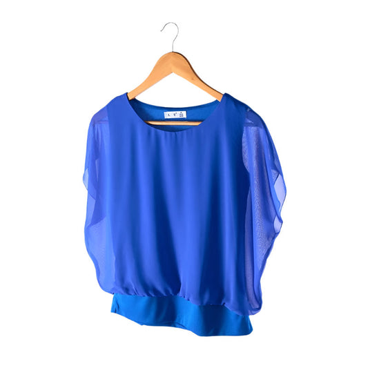 Damen Chiffon Bluse | Rüschenärmeln | Locker | Rundhals | Einfarbig-Blau-S-Luzern Mode