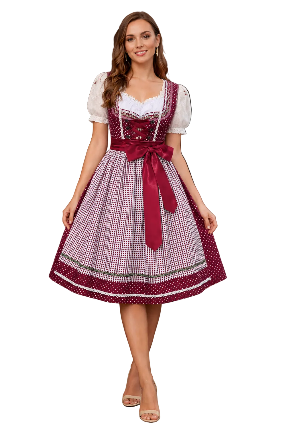 Frau in weinrotem Dirndl mit weißer Puffärmelbluse, kariertem Schürzenteil, Schnürung vorn und großer Satinschleife, in der Vorderansicht. 1