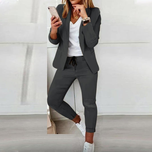 Damenanzug 2-teilig, grau, Blazer und Hose, lässig, Frühling Herbst Mode, Turn-Down-Kragen.