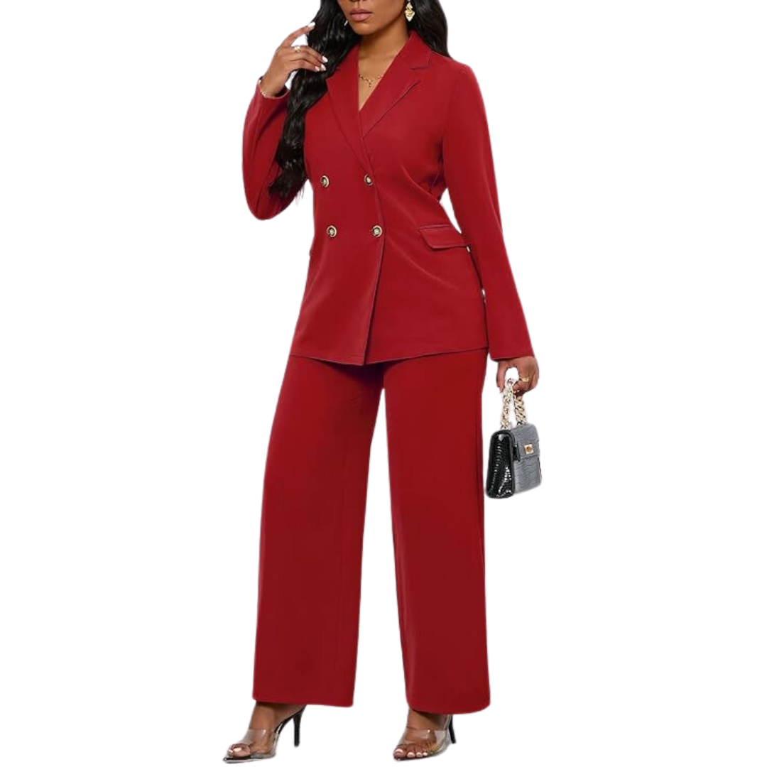 Frau in rotem Hosenanzug, elegantes Design, Businessmode, Damenbekleidung, Herbstkollektion.
