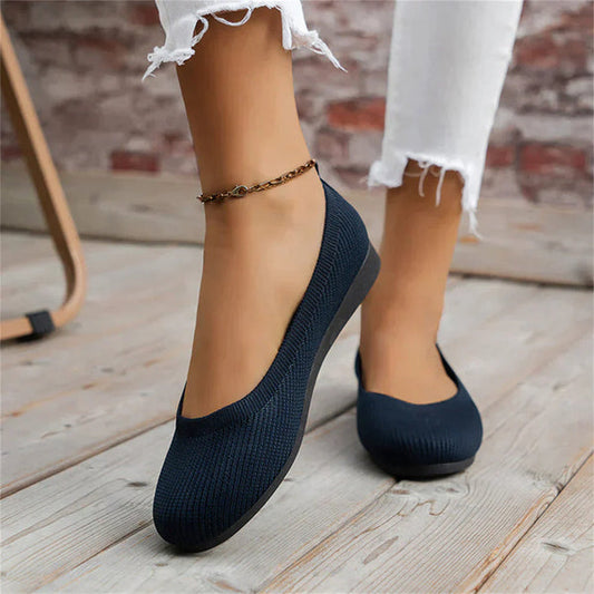 Damen Ballerinas, dunkelblau, Strickmaterial, flach, bequem, modisch, Freizeitkleidung.