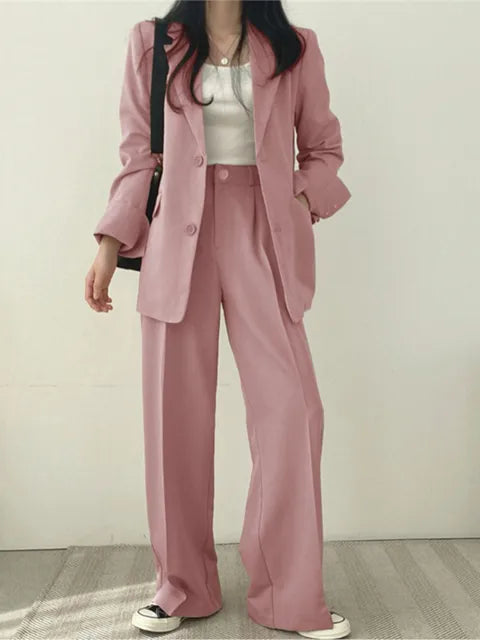 Damen Blazer Anzug Set, rosa, Büro Mode, Herbst, weite Hosen, eleganter Stil, Freizeitkleidung.
