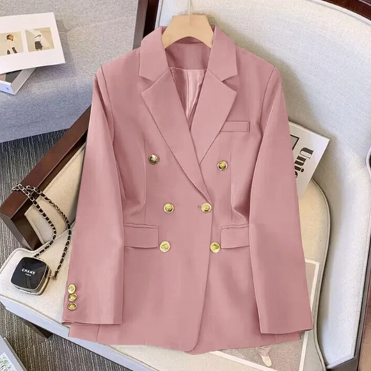 Rosa Damenblazer, zweireihig, modisch, elegante Jacke, goldene Knöpfe, Business-Look.