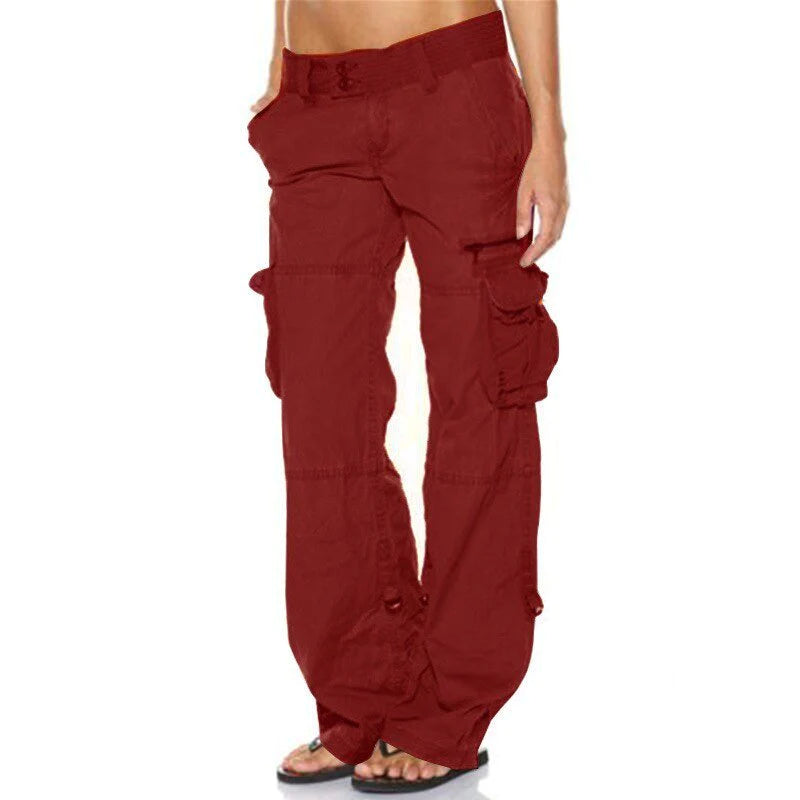 Damen Cargohose rot, Taschen, Freizeitmode, Baumwolle, bequeme Passform, lässiger Stil.