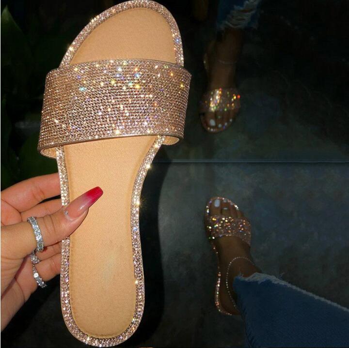 Glitzernde Damen-Sandale in Roségold, Strass, flach, modisch, Sommer, Freizeit.