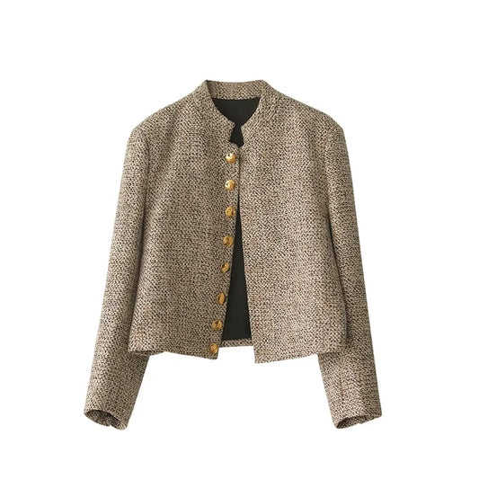 Damen Blazer beige, Leinen, Knopfleiste, elegant, Büro, Mode, Herbst, klassisch, stilvoll.