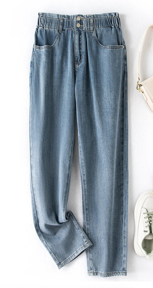 Damen-Jeanshose, blau, elastischer Bund, lässig, Denim, modisch, bequem, Alltagskleidung.