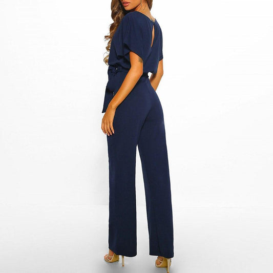 Damen Jumpsuit, dunkelblau, elegantes Design, Kurzarm, Gürtel, Abendmode, modisch.