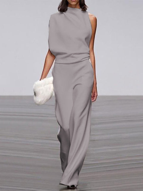 Damen Jumpsuit grau ärmellos, eleganter Sommer-Look, Büro, Mode, weiter Bein-Schnitt.
