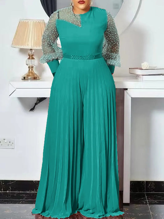 Damen Jumpsuit türkis, lange Ärmel mit Perlen, elegantes Design, Abendmode, Plissee-Hose.