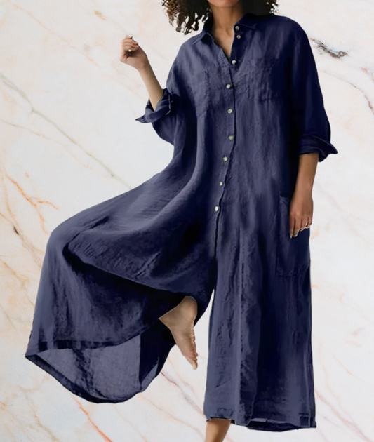 Damen Leinenkleid Blau, Langarm, Knopfleiste, Lässig, Sommermode, Elegantes Design
