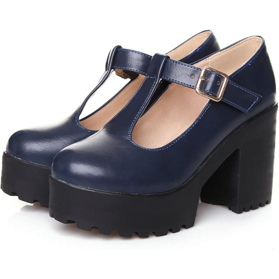 Dunkelblaue Damen Mary Jane Schuhe mit Plateauabsatz, Leder, modisch, elegant.