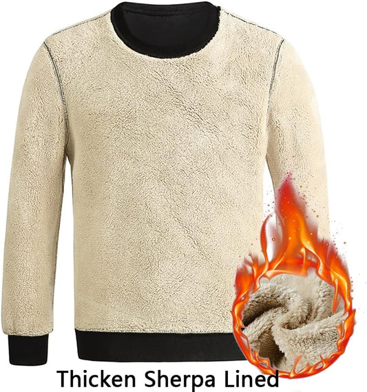 Beige Sherpa-Pullover, dick gefüttert, warm, Wintermode, Unisex, gemütlich, flauschig.