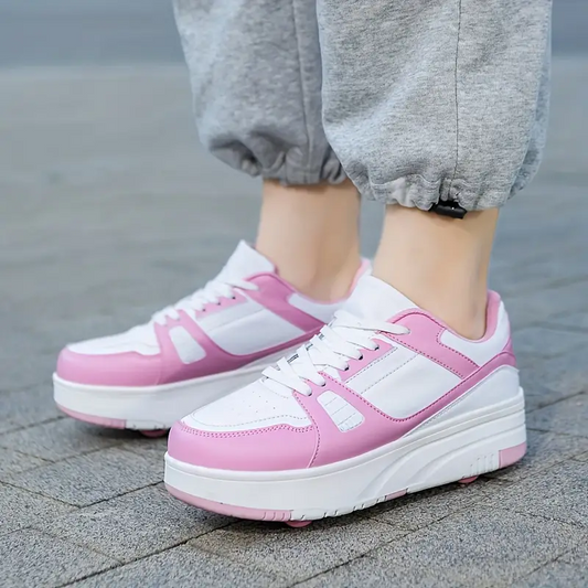 Damen-Sneaker rosa-weiß, Plateau, sportlich, bequem, Straßenszene, Freizeitschuh.
