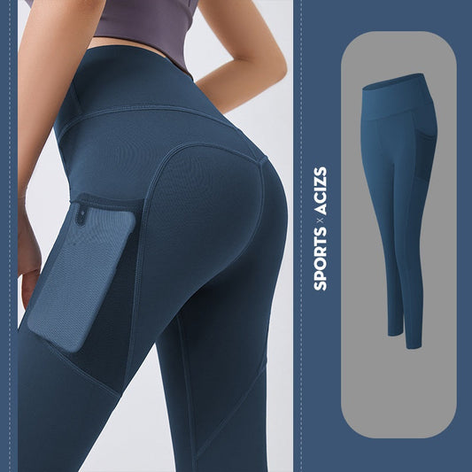 Damen Sportleggings Navy Blau mit Tasche, elastisch, atmungsaktiv, ideal für Fitness und Yoga.