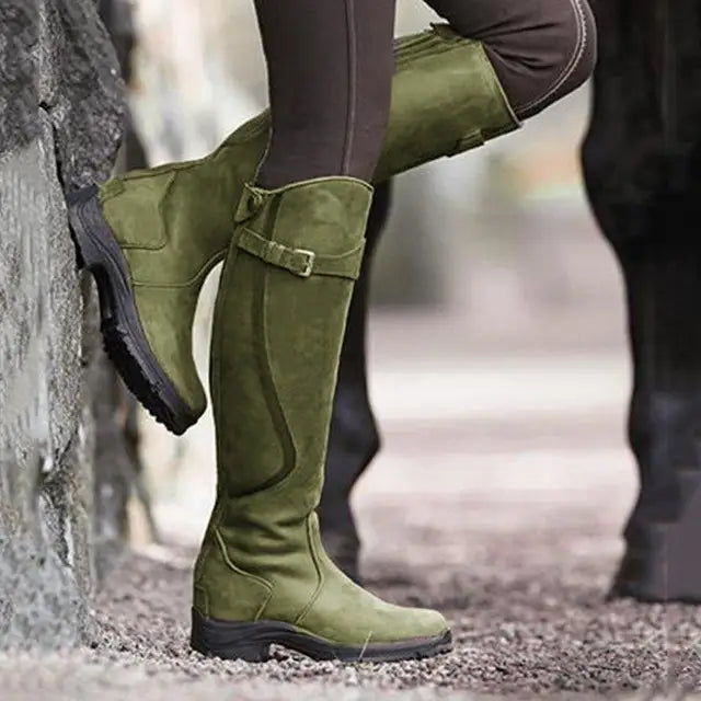 Grüne Damenstiefel, PU-Leder, Reißverschluss, Retro-Design, niedriger Absatz, modisch.