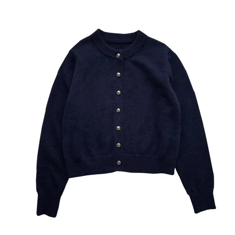 Damen Strickjacke 2023, dunkelblau, Rundhals, Knöpfe, Frühling, koreanischer Stil.