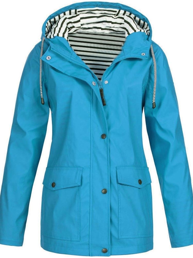 Blaue Damen-Trenchcoat mit Kapuze, lange Ärmel, gestreiftes Innenfutter, Herbstmode 2023.