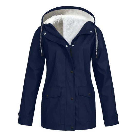 Dunkelblaue Damenjacke mit Kapuze, Fleece-Futter, wasserdicht, Wintermantel.