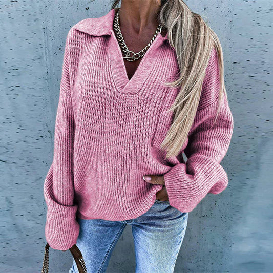 Damenpullover rosa V-Ausschnitt Strickmode lässig warm elegant Winteroutfit