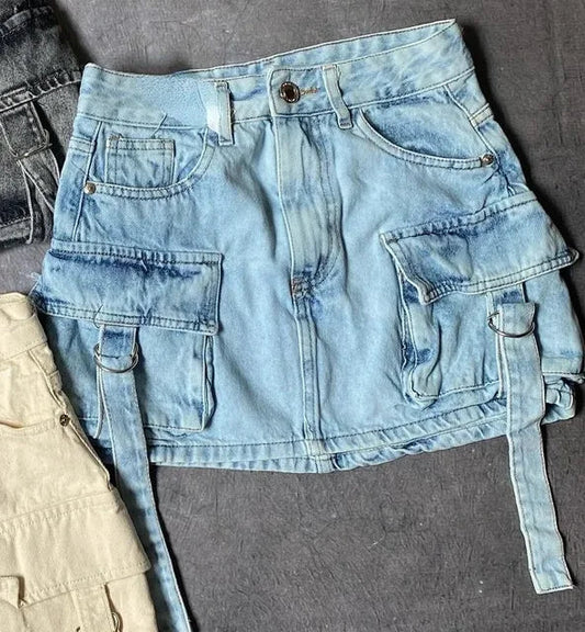 Hellblaue Damen-Jeansrock, A-Linie, mit mehreren Taschen, Y2K-Stil, Harajuku-Mode.