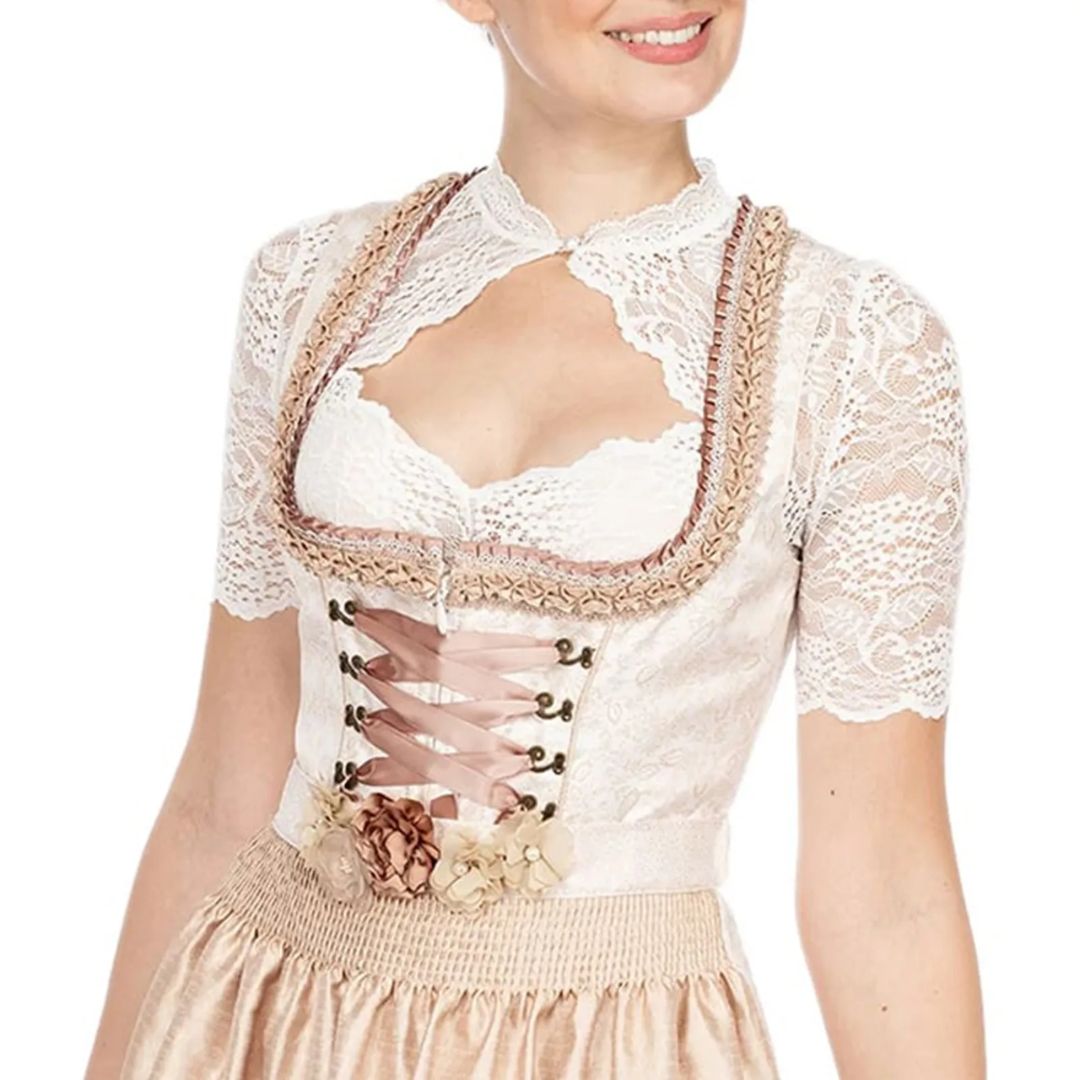 Damen-Dirndl-Bluse aus Spitze, weiß, traditionell, Trachtenmode, Oktoberfest, elegant.