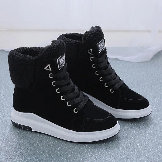Schwarze Damen-Winterstiefel mit Fellfutter, Schnürung, rutschfeste Sohle, modisch und warm.
