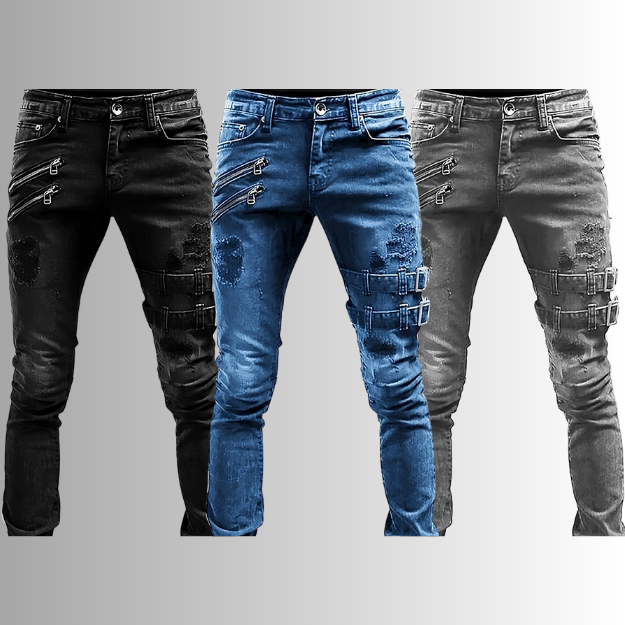 Drei Herren-Jeans in Schwarz und Blau mit Rissen und Schnallen, modisch und urban.