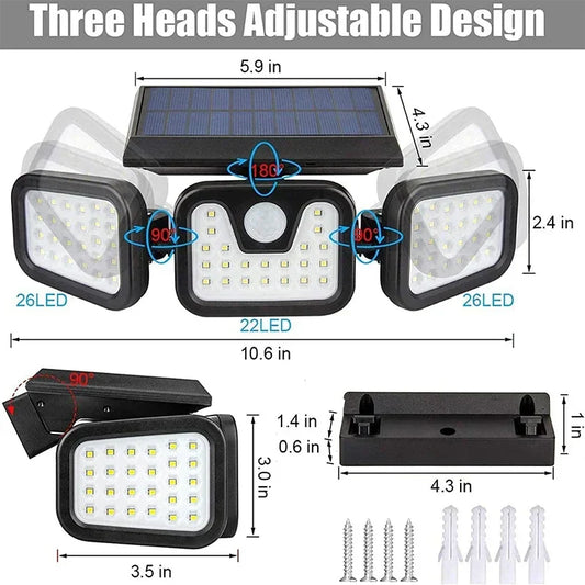 Solarleuchte mit drei verstellbaren LED-Köpfen, schwarz, wetterfest, energiesparend.