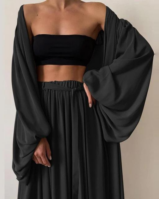 Dreiteiliges Set aus Baumwolle | luftiges Top | lockere Hose | leichtes Jäckchen | bequem-Schwarz-S-Luzern Mode