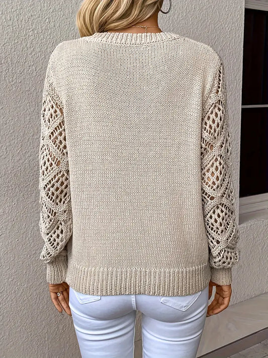 Damen Strickpullover beige, Lochmuster Ärmel, lässig, modisch, Baumwolle, Herbstmode.