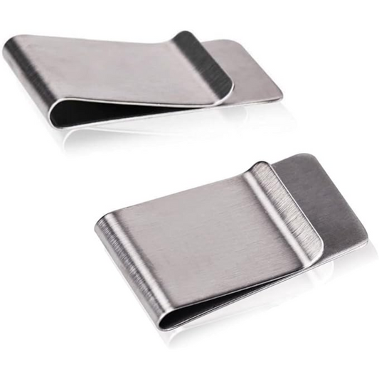 Zwei silberne Edelstahl-Geldklammern, minimalistisches Design, ideal für Bargeld und Karten.
