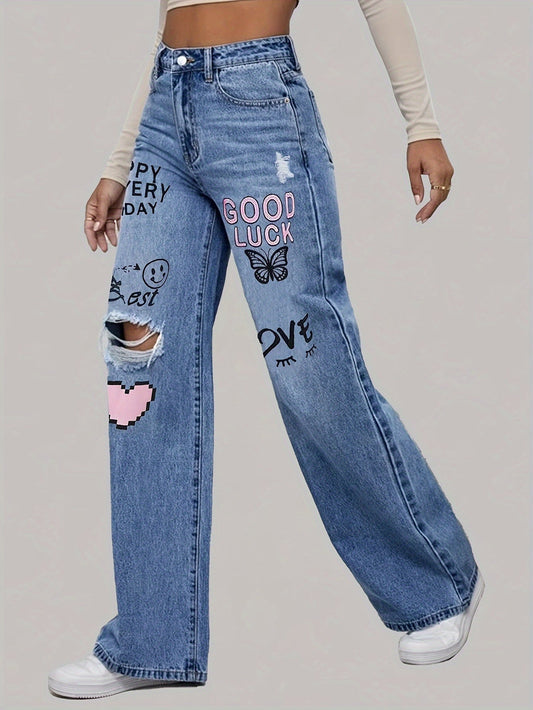 Damen-Jeans mit Aufnähern, blauer Denim, weites Bein, modisch, lässig, Streetwear.