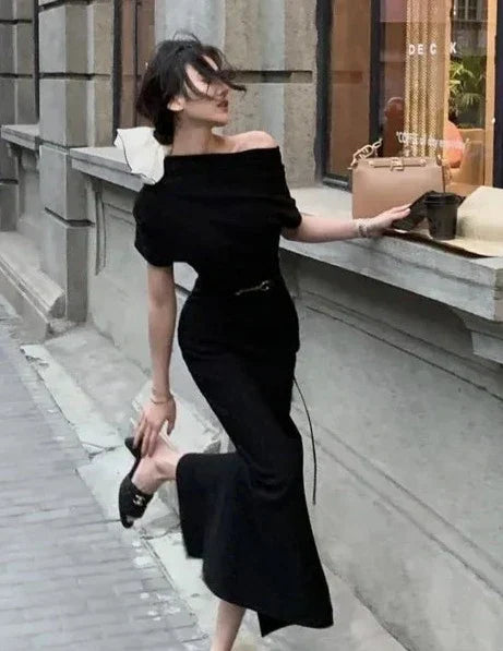 Maxikleid | Off-Shoulder | Figurbetont | Elastisch | Einfarbig | Weich-Schwarz-S-Luzern Mode