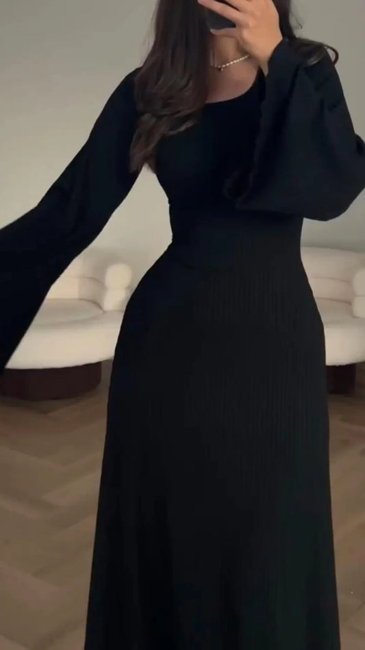 Maxikleid | Schnürung | Lange Ärmel | Einfarbig | Rundhals | Locker-Luzern Mode