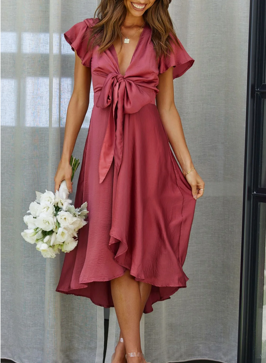 Sommerkleid | Einfarbig | Knielang | Fließender Polyester | Leicht-Rot-S-Luzern Mode
