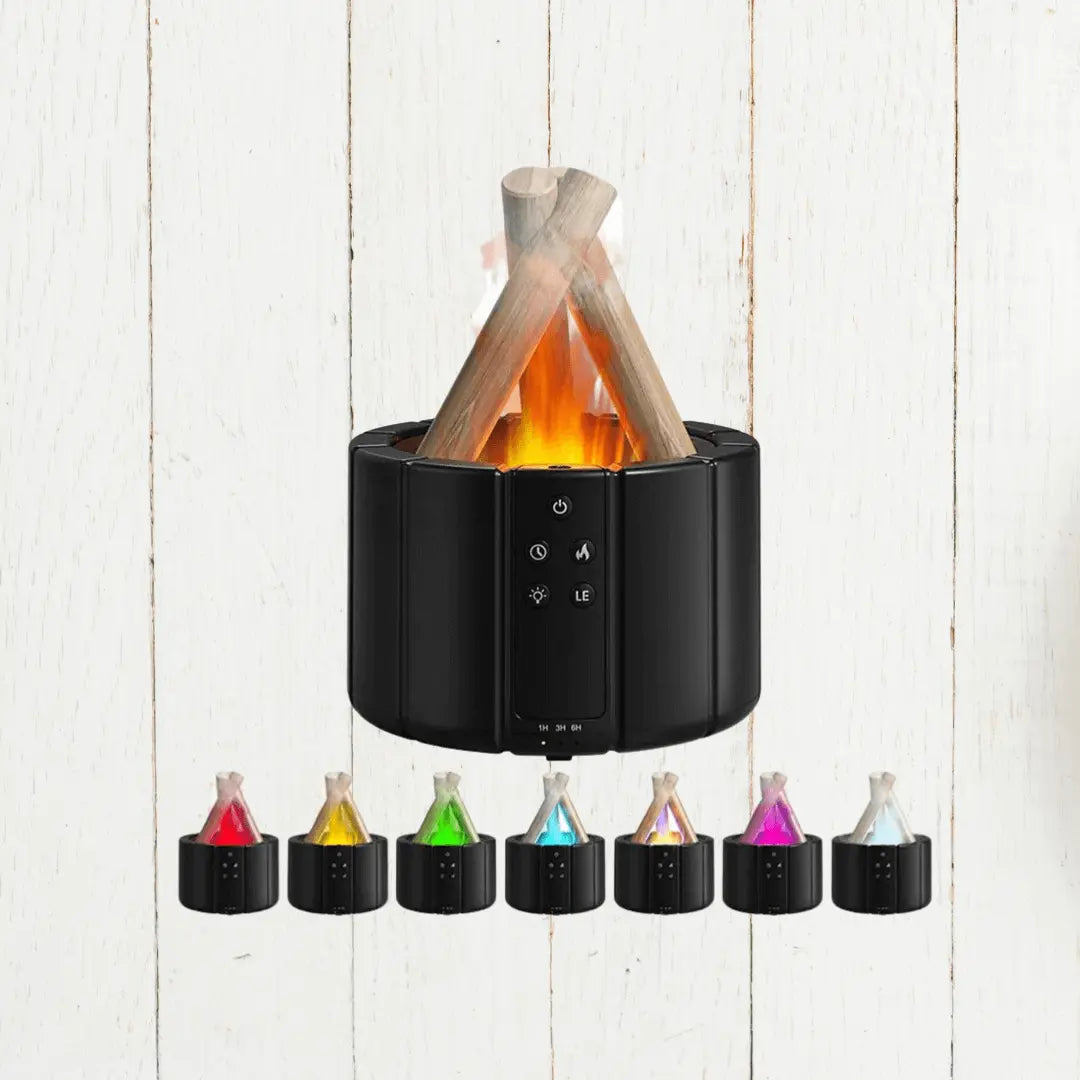 Schwarzer LED-Luftbefeuchter mit Flammeneffekt, wechselbare Farben, modernes Design.