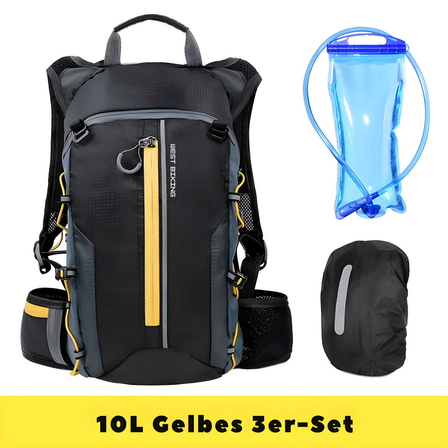 Schwarzer Fahrradrucksack 10L mit gelben Akzenten, Trinkblase und Regenschutz, 3er-Set.