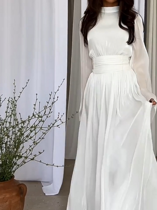 Maxikleid | Fließendem Schnitt | Lange Ärmel | Locker | Einfarbig-Weiß-S-Luzern Mode