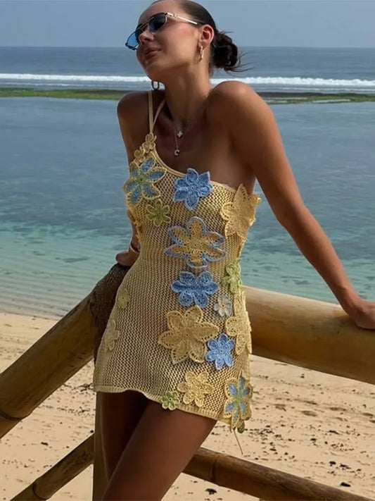 Minikleid Damen gehäkelt | florale Stickerei | ärmellos | luftdurchlässig | gelb-Luzern Mode