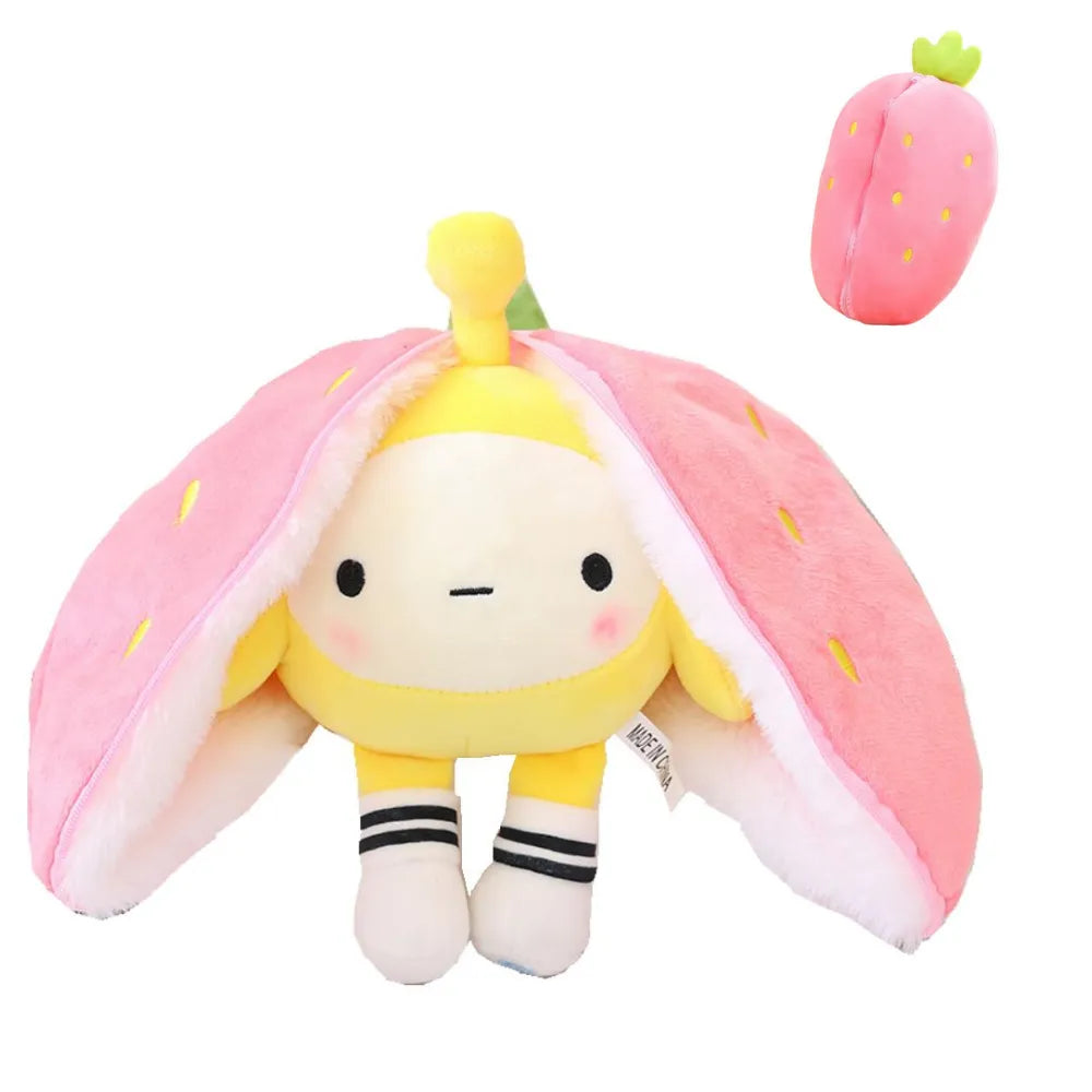 Gelbes Plüsch-Ei-Waffel-Spielzeug mit rosa Erdbeer-Design, kawaii, weich, Geschenkidee.