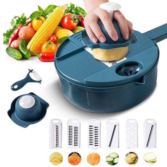 Multifunktionaler Gemüseschneider, blau, mit verschiedenen Klingen, ideal für Küche und Salate.