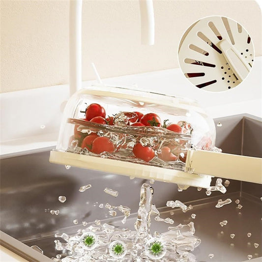 Tomaten in Abtropfsieb, Wasser fließt ab, Küchenspüle, hygienisch, praktisch, Kunststoff.