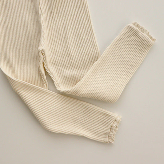 Beige gerippte Leggings aus Baumwolle, Damenmode, bequem, modisch, Herbstkleidung.