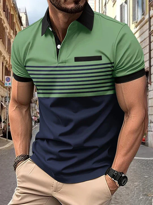 Herren Polohemd | Kurze Ärmel | Knopfleiste | Kragen | Gestreift-Grün-XS-Luzern Mode