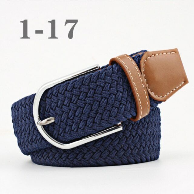 Geflochtener Gürtel blau mit silberner Schnalle und braunem Lederdetail, modisch, unisex.